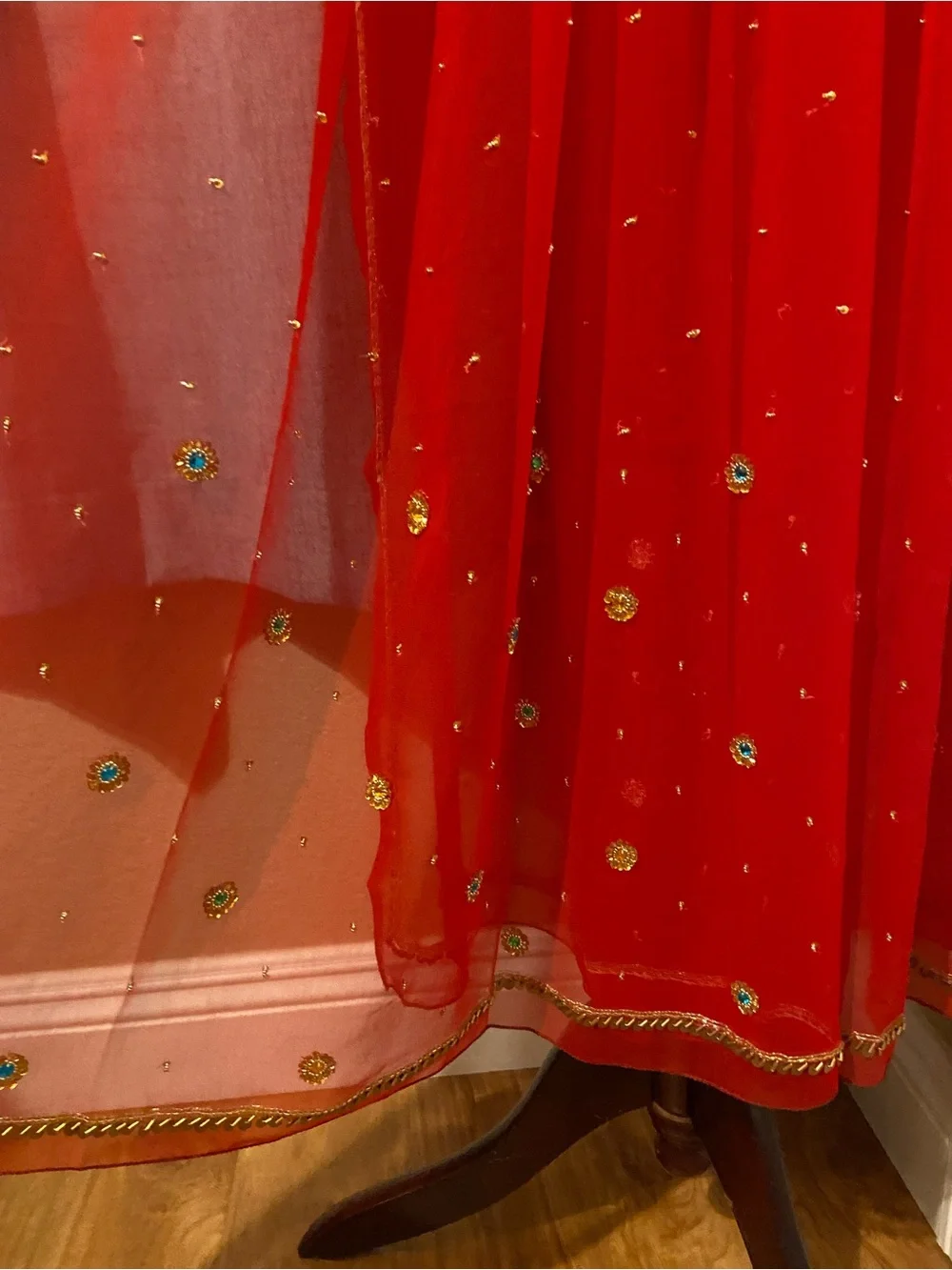 Vintage Red Embellished Indian Women’s Scarf Dupatta Shawl Veil with Gold Trim